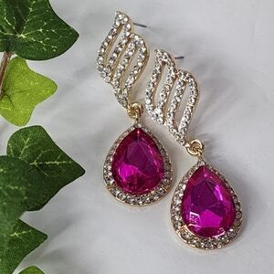 Gold Glam Drop Earrings Fuschia Pink Crystal Stone